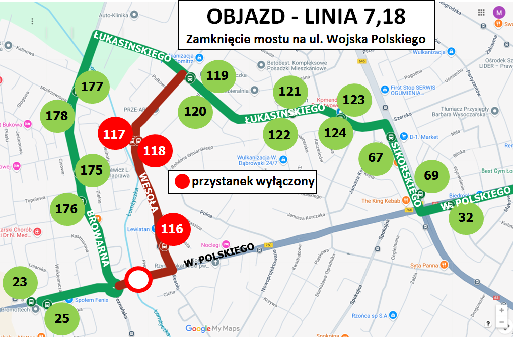 Fragment trasy linii "7" i "18" z zaznaczonym objazdem na czas remontu W. Polskiego
