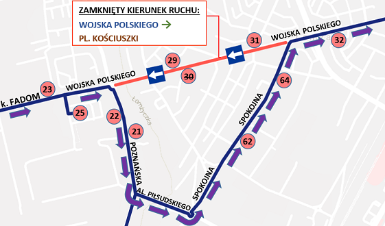 Fragment trasy linii "2" i "13" z zaznaczonym objazdem na czas remontu W. Polskiego