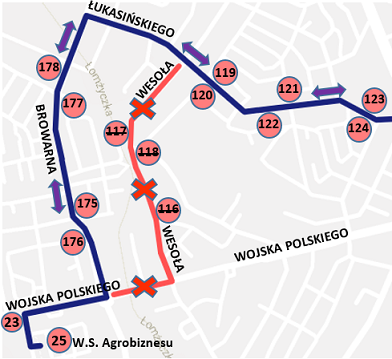 Fragment trasy linii "7" z zaznaczonym objazdem na czas remontu W. Polskiego